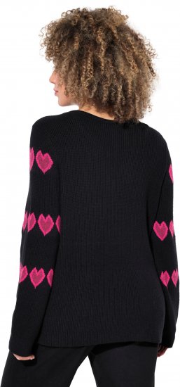 Ulla Popken Heart Print Long Sleeve V-Neck Sweater Black - Puloverji & jopice - 
