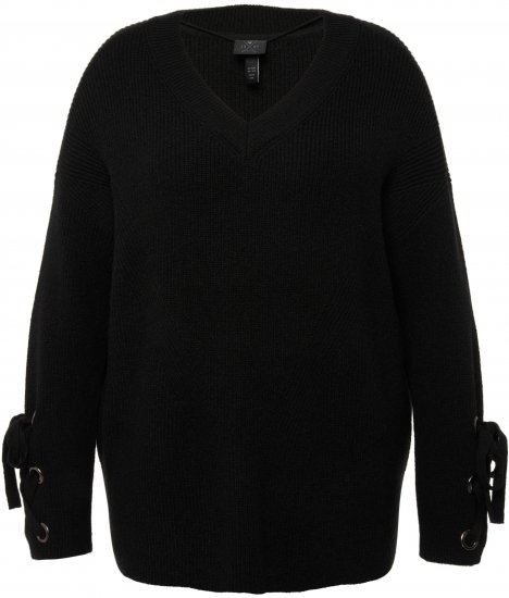 Ulla Popken Lace-Up Cuff Long Sleeve V-Neck Sweater Black - Puloverji & jopice - 