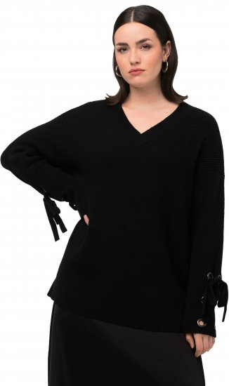Ulla Popken Lace-Up Cuff Long Sleeve V-Neck Sweater Black - Puloverji & jopice - 