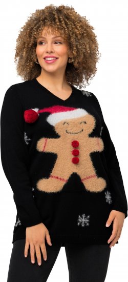 Ulla Popken Gingerbread Man Christmas Sweater Black - Puloverji & jopice - 