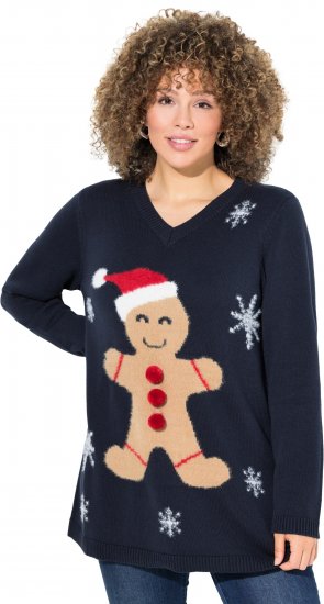 Ulla Popken Gingerbread Man Christmas Sweater Navy - Puloverji & jopice - 