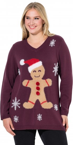 Ulla Popken Gingerbread Man Christmas Sweater Dark Wine Red - Puloverji & jopice - 