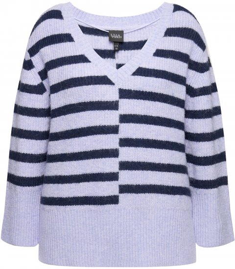 Ulla Popken Split Stripe Long Sleeve V-Neck Sweater Blue Grey - Puloverji & jopice - 