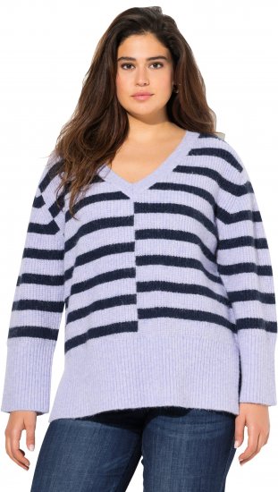 Ulla Popken Split Stripe Long Sleeve V-Neck Sweater Blue Grey - Puloverji & jopice - 