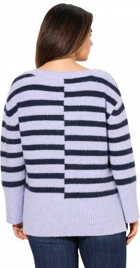 Ulla Popken Split Stripe Long Sleeve V-Neck Sweater Blue Grey - Puloverji & jopice - 