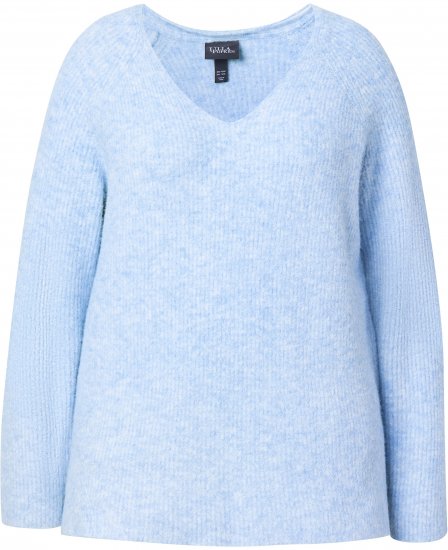 Ulla Popken Long Sleeve V-Neck Ribbed Knit Sweater Light Blue - Puloverji & jopice - 