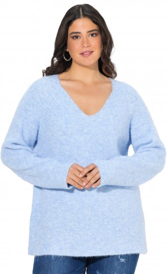 Ulla Popken Long Sleeve V-Neck Ribbed Knit Sweater Light Blue - Puloverji & jopice - 