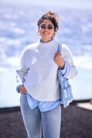 Ulla Popken Striped Wool Blend Turtleneck Sweater Sky Blue - Puloverji & jopice - 
