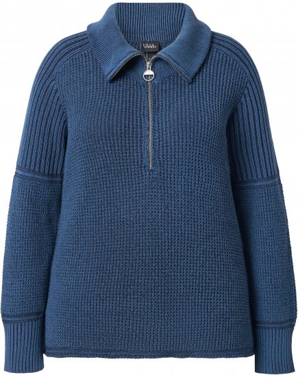 Ulla Popken Two-Tone Mixed Knit Troyer Collar Sweater Navy - Puloverji & jopice - 