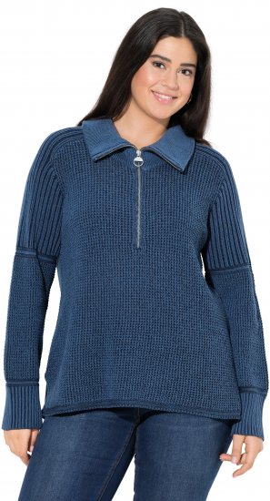 Ulla Popken Two-Tone Mixed Knit Troyer Collar Sweater Navy - Puloverji & jopice - 