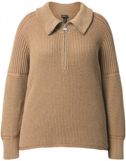 Ulla Popken Two-Tone Mixed Knit Troyer Collar Sweater Caramel - Puloverji & jopice - 