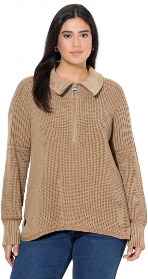 Ulla Popken Two-Tone Mixed Knit Troyer Collar Sweater Caramel - Puloverji & jopice - 
