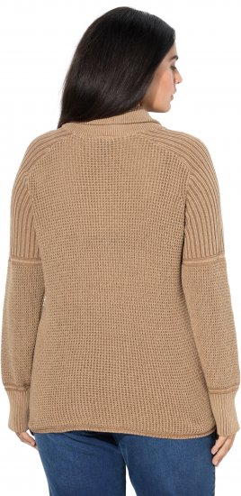 Ulla Popken Two-Tone Mixed Knit Troyer Collar Sweater Caramel - Puloverji & jopice - 