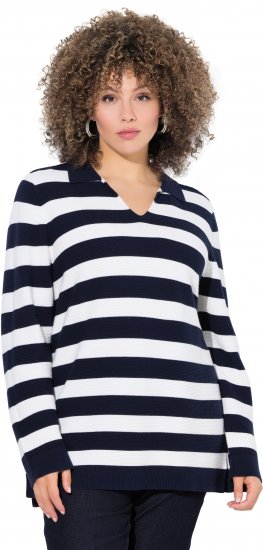 Ulla Popken Striped Polo Collar Long Sleeve Sweater Navy - Puloverji & jopice - 