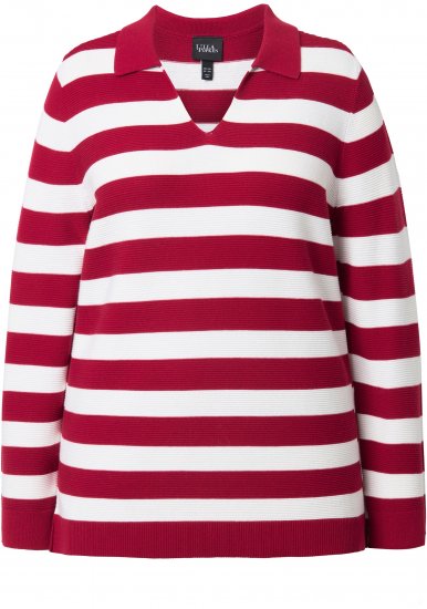 Ulla Popken Striped Polo Collar Long Sleeve Sweater Ruby Red - Puloverji & jopice - 