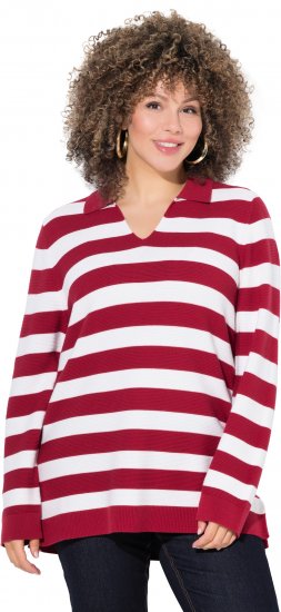 Ulla Popken Striped Polo Collar Long Sleeve Sweater Ruby Red - Puloverji & jopice - 