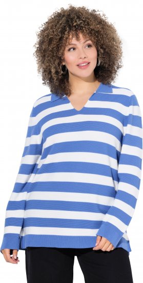 Ulla Popken Striped Polo Collar Long Sleeve Sweater Aegean Blue - Puloverji & jopice - 