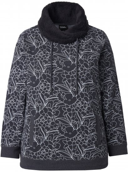 Ulla Popken Teddy Collar Printed Sweatshirt Black - Puloverji & jopice - 