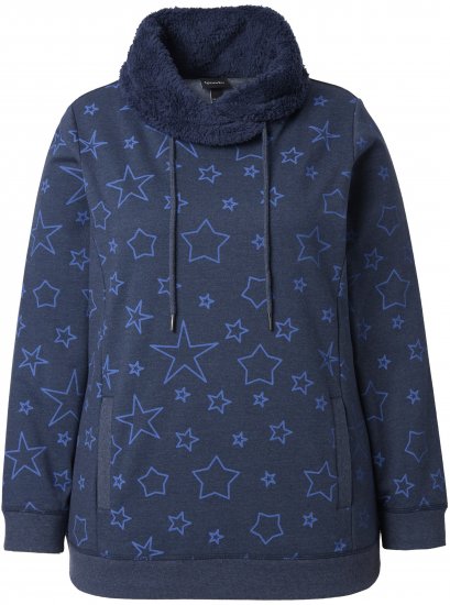 Ulla Popken Teddy Collar Printed Sweatshirt Navy - Puloverji & jopice - 