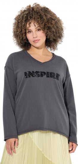Ulla Popken Inspire Lettering V-Neck Sweatshirt Graphite Grey - Puloverji & jopice - 