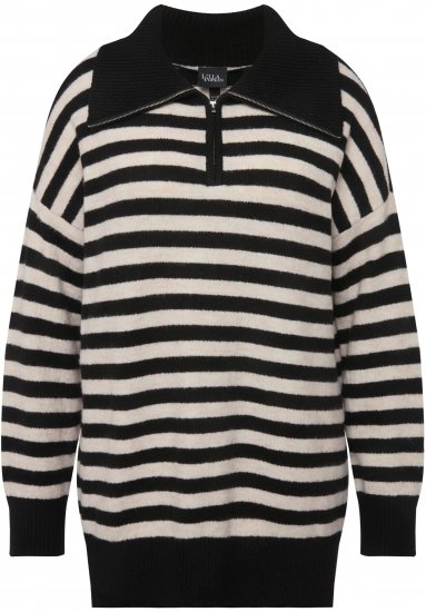 Ulla Popken Striped Troyer Collar Sweater Black - Puloverji & jopice - 