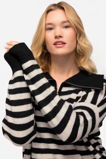 Ulla Popken Striped Troyer Collar Sweater Black - Puloverji & jopice - Udobni puloverji in pletenine