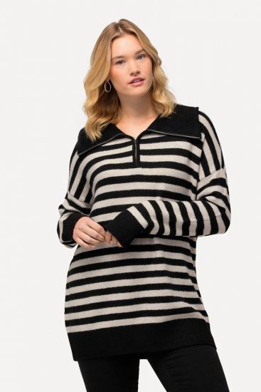 Ulla Popken Striped Troyer Collar Sweater Black - Puloverji & jopice - Udobni puloverji in pletenine
