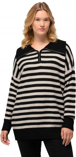 Ulla Popken Striped Troyer Collar Sweater Black - Puloverji & jopice - 