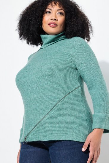 Ulla Popken Asymmetric Zipper Turtleneck Sweater Green - Puloverji & jopice - Udobni puloverji in pletenine