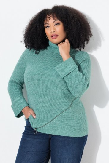 Ulla Popken Asymmetric Zipper Turtleneck Sweater Green - Puloverji & jopice - Udobni puloverji in pletenine