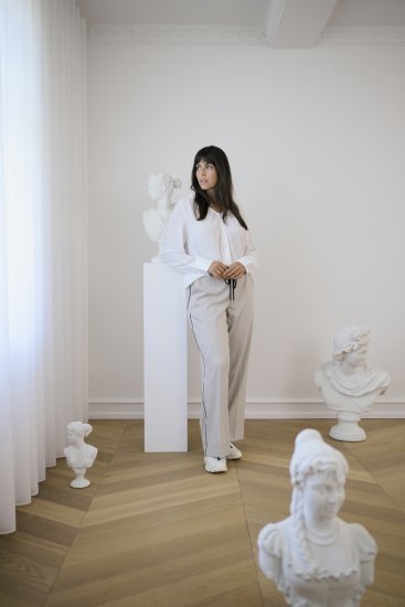 Kaffe Curve Sirana Pants Beige Melange/Black Stripe - Látkové nohavice - 