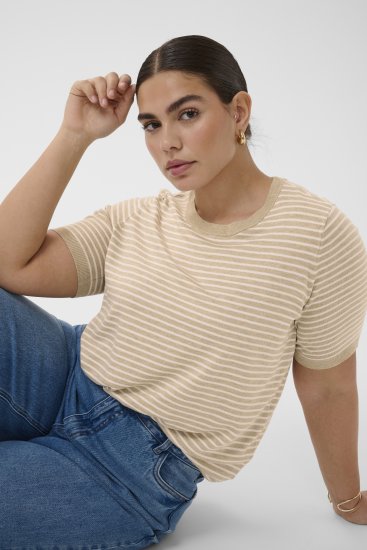 Kaffe Curve Lizzy Knit T-Shirt Feather Melange/Chalk Fine Stripe - Majice - 