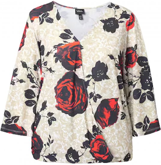 Ulla Popken Rose Print Faux Wrap Top Off-White - Majice - 