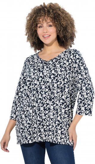 Ulla Popken Floral 3/4 Sleeve V-Neck A-Line Tee Navy - Majice - 