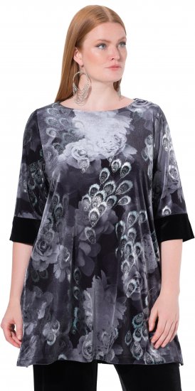 Ulla Popken Velvet Peacock Feather 3/4 Sleeve Tunic Blouse Black - Majice - 