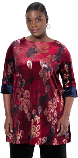 Ulla Popken Velvet Peacock Feather 3/4 Sleeve Tunic Blouse Wine Red - Majice - 