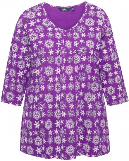 Ulla Popken Snowflake Print 3/4 Sleeve A-Line Tee Dark Purple - Natisnjene majice za ženske - 