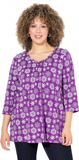 Ulla Popken Snowflake Print 3/4 Sleeve A-Line Tee Dark Purple - Natisnjene majice za ženske - 