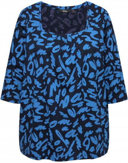 Ulla Popken Scribble Print Square Neck 3/4 Sleeve Tee Navy - Natisnjene majice za ženske - 