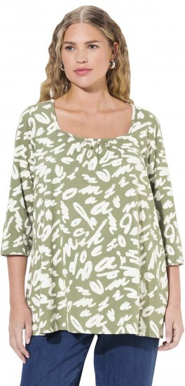 Ulla Popken Scribble Print Square Neck 3/4 Sleeve Tee Sage Green - Natisnjene majice za ženske - 