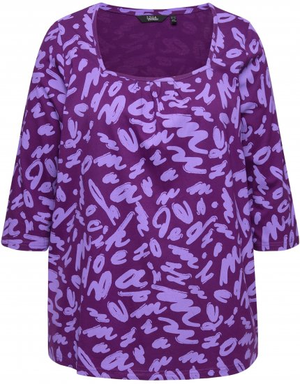Ulla Popken Scribble Print Square Neck 3/4 Sleeve Tee Violet - Natisnjene majice za ženske - 