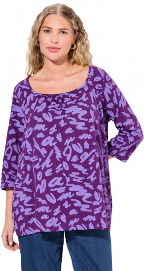 Ulla Popken Scribble Print Square Neck 3/4 Sleeve Tee Violet - Natisnjene majice za ženske - 