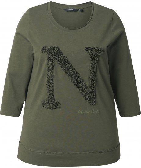 Ulla Popken Textured Lettering 3/4 Sleeve Tee Olive - Natisnjene majice za ženske - 