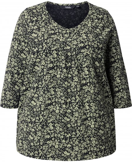 Ulla Popken Pleated Floral Print 3/4 Sleeve Tee Pond Green - Natisnjene majice za ženske - 