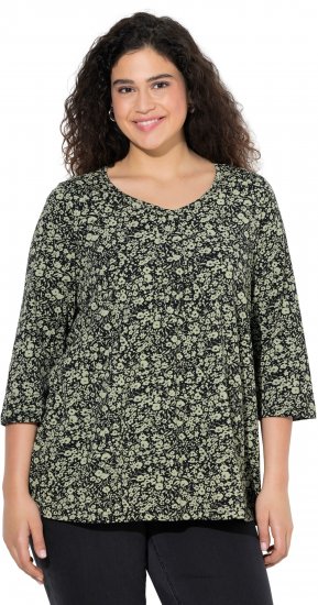 Ulla Popken Pleated Floral Print 3/4 Sleeve Tee Pond Green - Natisnjene majice za ženske - 