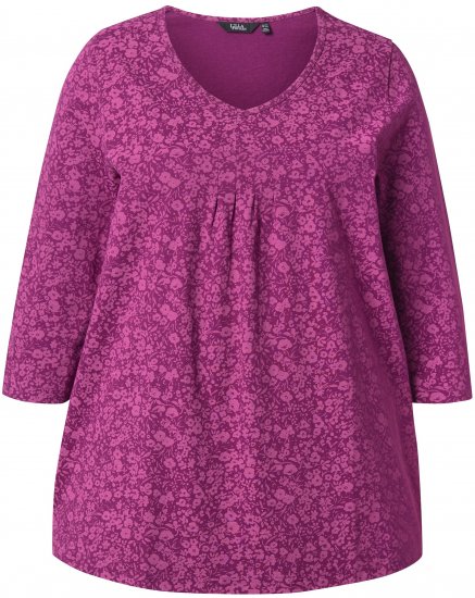Ulla Popken Pleated Floral Print 3/4 Sleeve Tee Raspberry - Natisnjene majice za ženske - 