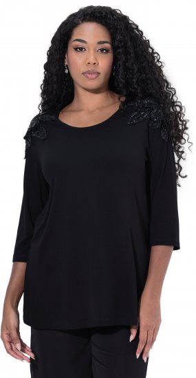 Ulla Popken Flower Epaulet 3/4 Sleeve Top Black - Natisnjene majice za ženske - 
