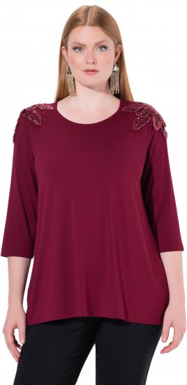 Ulla Popken Flower Epaulet 3/4 Sleeve Top Dark Cherry Red - Natisnjene majice za ženske - 