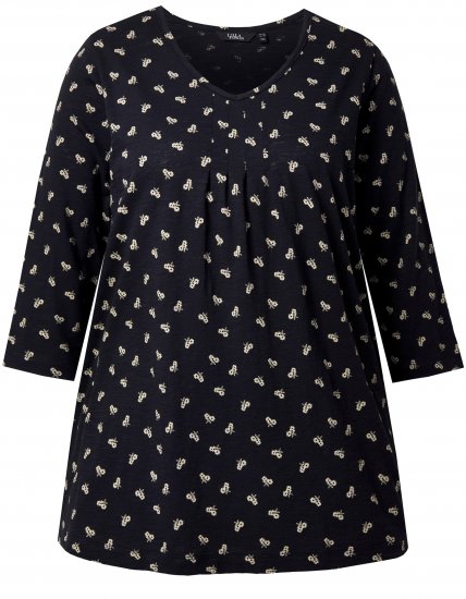 Ulla Popken Flower Print 3/4 Sleeve Tee Black - Majice - 