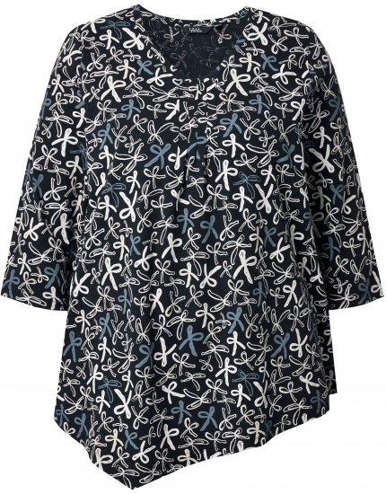 Ulla Popken Ribbon Print 3/4 Sleeve Asymmetric Tee Black - Natisnjene majice za ženske - 